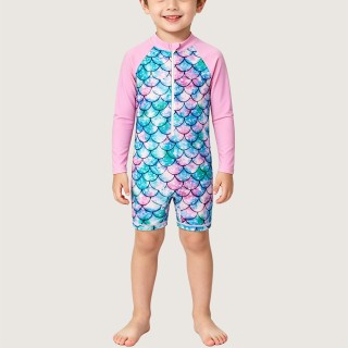 Vibrant Fish-Scale Patterned Long-Sleeve Swimsuit for Boys