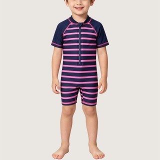 Unique Rose-Pink Color-Block Striped Swimsuit