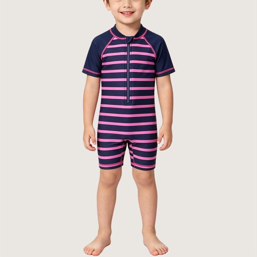 Unique Rose-Pink Color-Block Striped Swimsuit