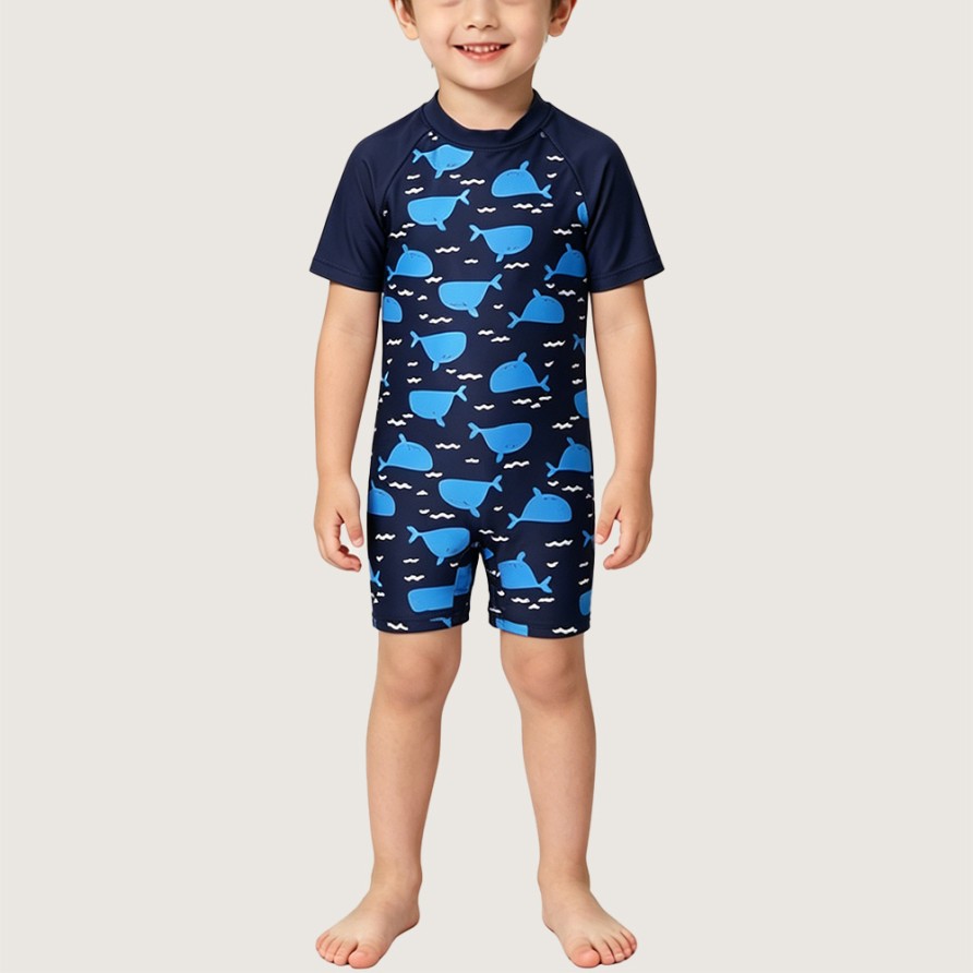 Boys' Color-Block One-Piece Swimsuit with Whale Print