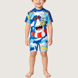 Cartoon Color-Block Short-Sleeve Sun-Protective One-Piece Swimsuit