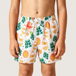 Playfully Cute Sun & Swimsuit-Print Swim Trunks