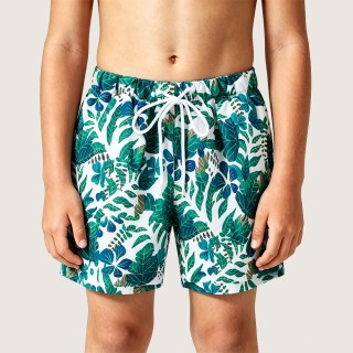 Fresh White and Green Color-Block Printed Swim Trunks