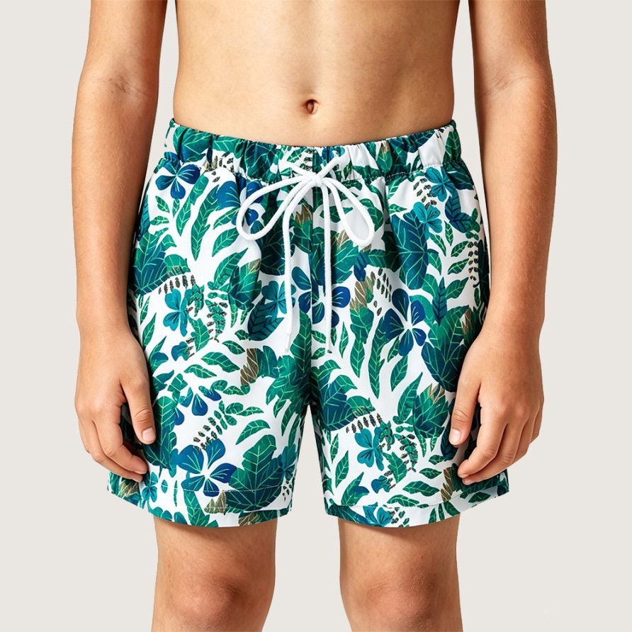 Fresh White and Green Color-Block Printed Swim Trunks