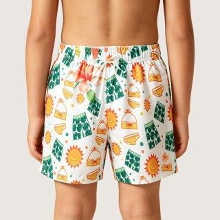 Playfully Cute Sun & Swimsuit-Print Swim Trunks