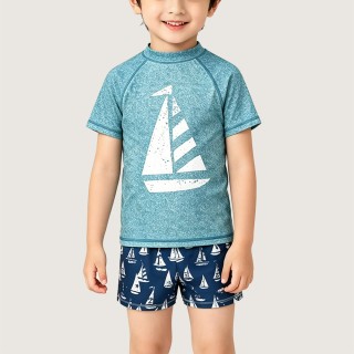 UV-Protective Sailing-Style Two-Piece Swimsuit with Crew Neck