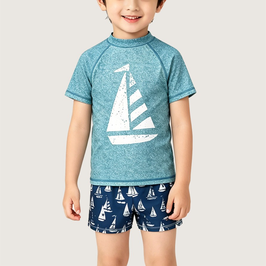UV-Protective Sailing-Style Two-Piece Swimsuit with Crew Neck