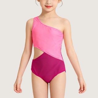 Girls' Stylish Color-Block One-Shoulder One-Piece Swimsuit