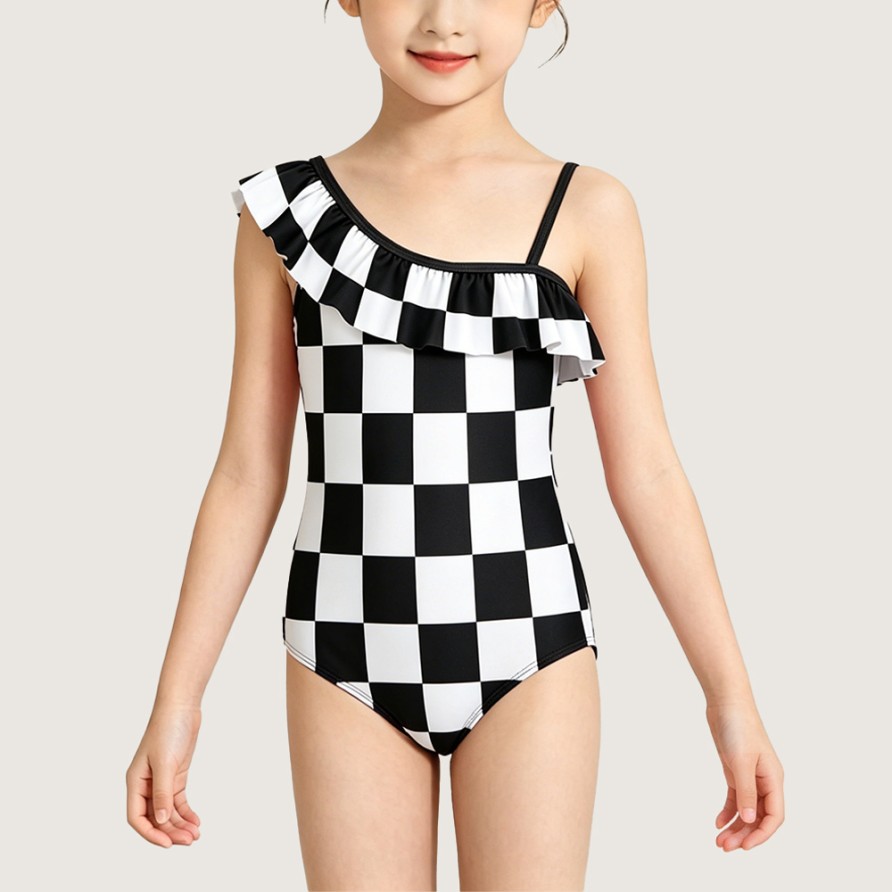 Girls' Fashion Checkerboard One-Piece Swimsuit