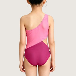 Girls' Stylish Color-Block One-Shoulder One-Piece Swimsuit