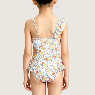 Girls' Floral One-Piece Swimsuit with Ruffled Hem
