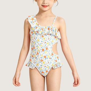 Girls' Floral One-Piece Swimsuit with Ruffled Hem