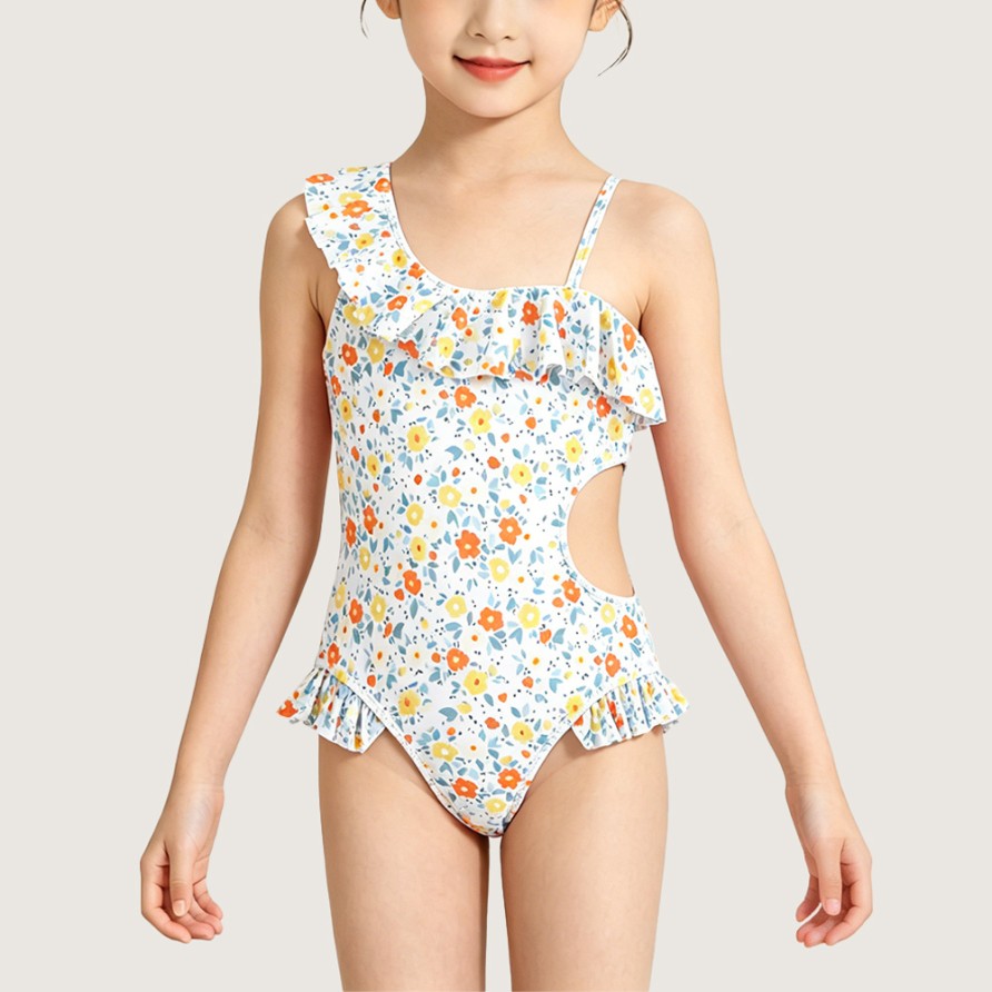Girls' Floral One-Piece Swimsuit with Ruffled Hem