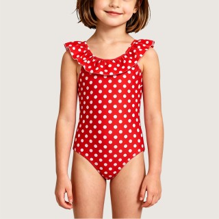 Girls' Quick-Drying Swimsuit with Red & White Polka Dots and Ruffles