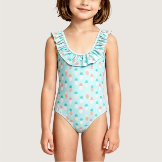 Girls' Swimsuit with Green Pineapple Print Ruffles and Pleats