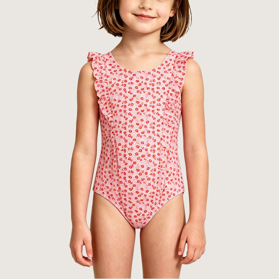Girls' Cute Red Polka Dot & Floral One-Piece Swimsuit