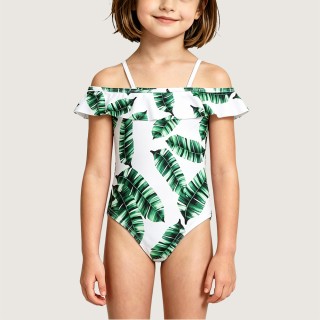 Green Tropical Leaf Print One-Piece Swimsuit