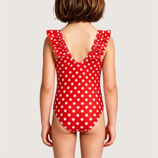 Girls' Quick-Drying Swimsuit with Red & White Polka Dots and Ruffles