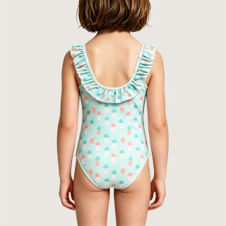 Girls' Swimsuit with Green Pineapple Print Ruffles and Pleats