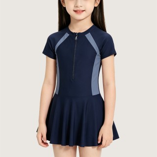 Girls' Sporty Swim Dress with Zip Neckline