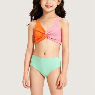 Girls' Stylish Rainbow Color-Block Two-Piece Swimsuit