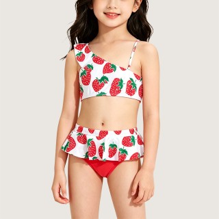 Sweet Strawberry Print Two-Piece Swimsuit with Tassels