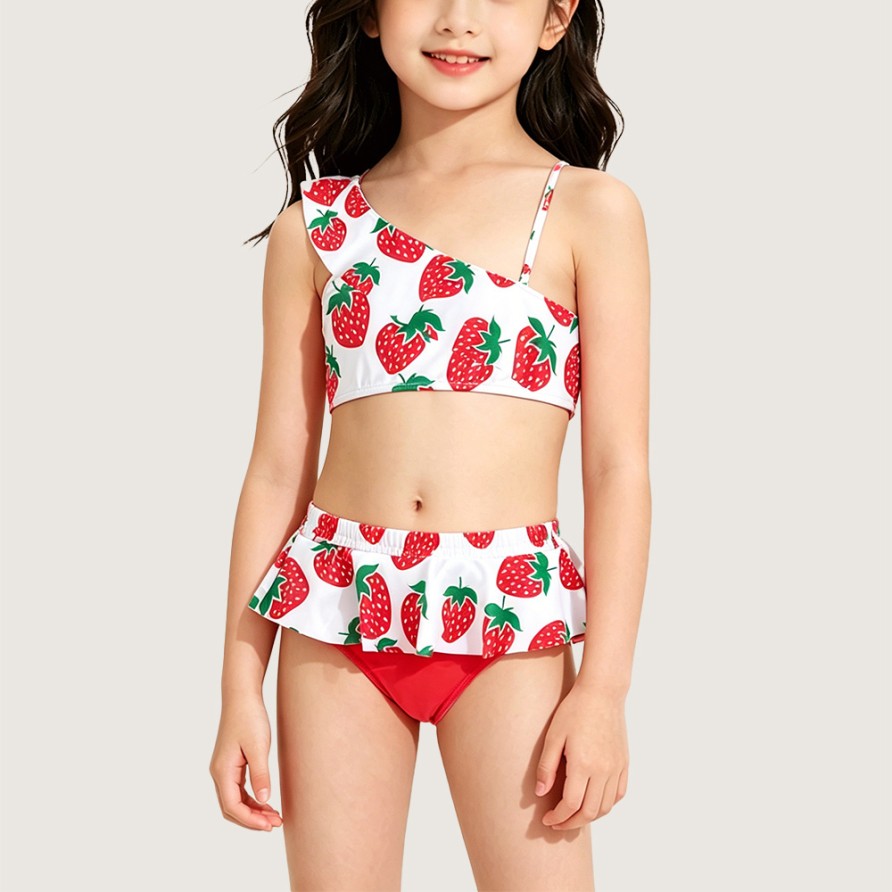 Sweet Strawberry Print Two-Piece Swimsuit with Tassels