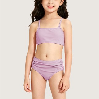Cute Girls' Solid-Color Two-Piece Swimsuit