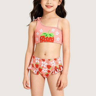 Stylish One-Shoulder Strawberry Two-Piece Swimsuit with Bow Detail