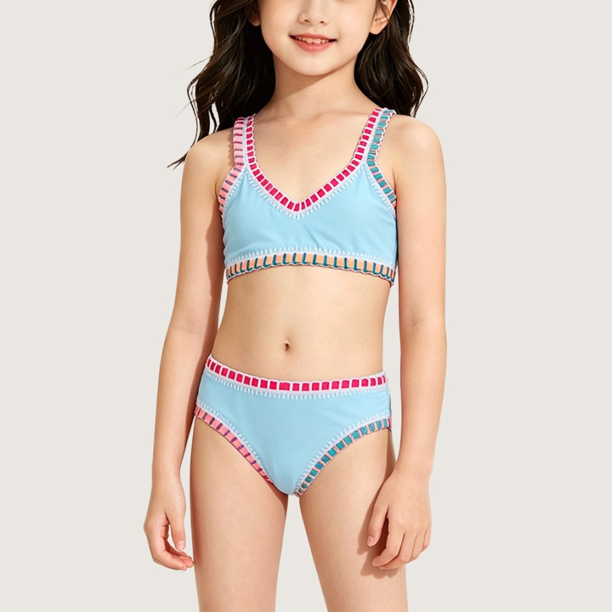 Girls' Soft Rainbow-Embroidered Two-Piece Swimsuit