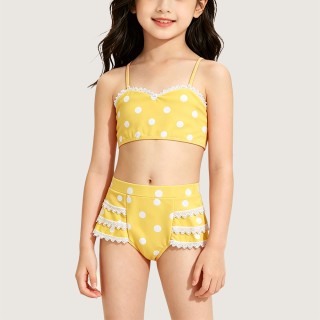 Fresh Bright Yellow Two-Piece Swimsuit with Polka Dots and Lace Trim