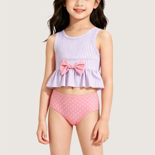 Girls' Striped & Polka Dot Swimsuit with Bows