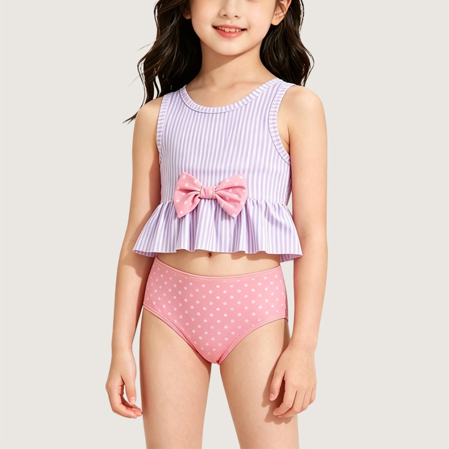 Girls' Striped & Polka Dot Swimsuit with Bows