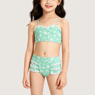 Girls' Two-Piece Swimsuit with Lace and Daisy Print