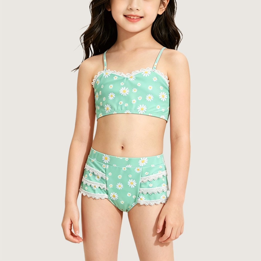 Girls' Two-Piece Swimsuit with Lace and Daisy Print