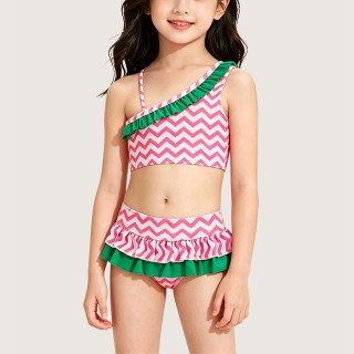 One-Shoulder Ruffled Wavy-Striped Two-Piece Swimsuit