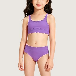 Minimalist Color-Block Two-Piece Swimsuit with Wavy-Edge Trim