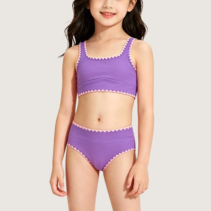 Minimalist Color-Block Two-Piece Swimsuit with Wavy-Edge Trim