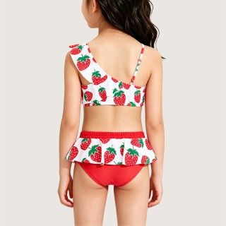 Sweet Strawberry Print Two-Piece Swimsuit with Tassels
