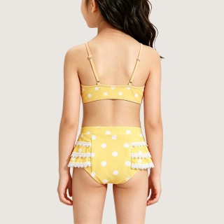 Fresh Bright Yellow Two-Piece Swimsuit with Polka Dots and Lace Trim