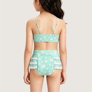 Girls' Two-Piece Swimsuit with Lace and Daisy Print