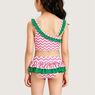 One-Shoulder Ruffled Wavy-Striped Two-Piece Swimsuit