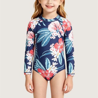 Tropical Floral Print Long-Sleeve One-Piece Swimsuit
