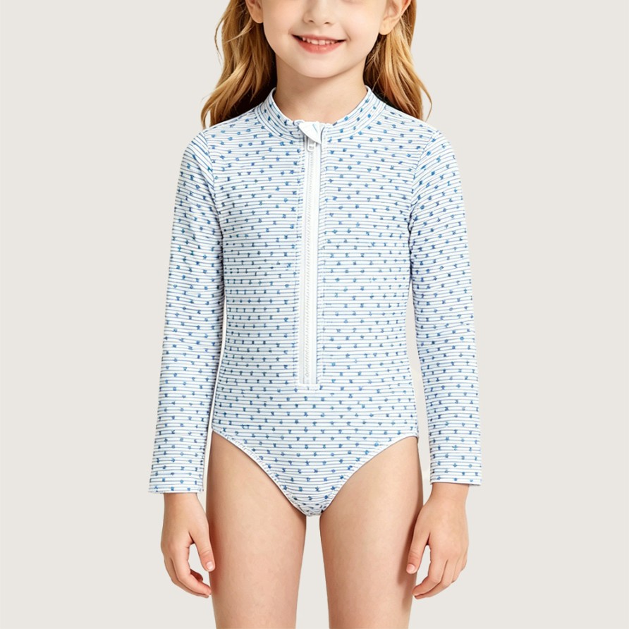 Starry Stripe Print Front-Zip Swimsuit