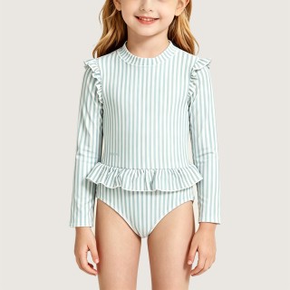 Pale Green Vertical-Stripe Print One-Piece Swimsuit