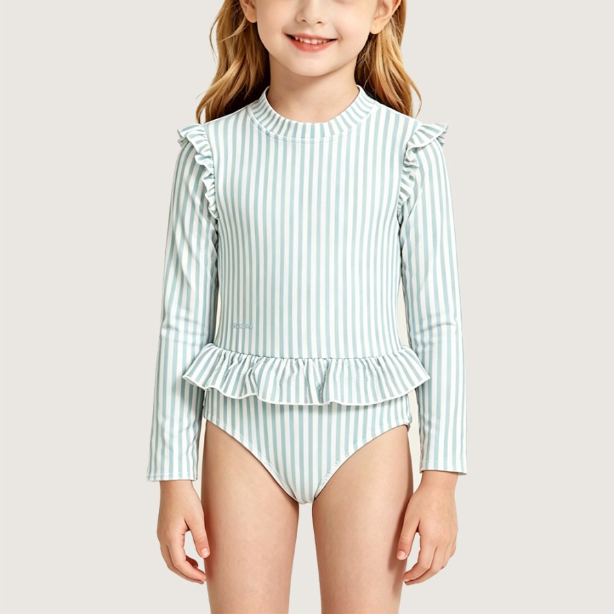 Pale Green Vertical-Stripe Print One-Piece Swimsuit