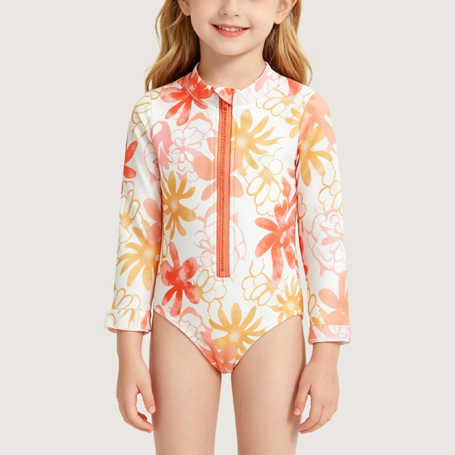 Fresh Orange and Yellow Floral Print One-Piece Swimsuit
