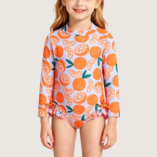 Long-Sleeve One-Piece Swimsuit with Bow and Ruffles
