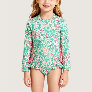 Girls' Floral Print Long-Sleeve One-Piece Swimsuit