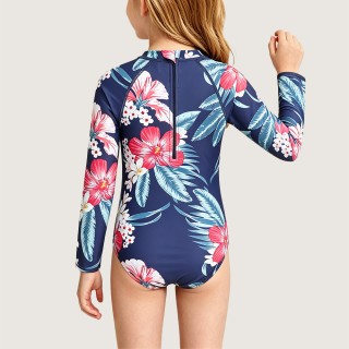 Tropical Floral Print Long-Sleeve One-Piece Swimsuit